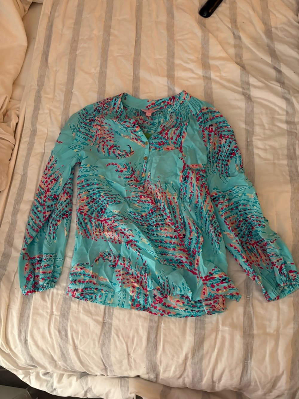 Lilly Pulitzer Turquoise Multicolor Printed Long-Sleeve Blouse